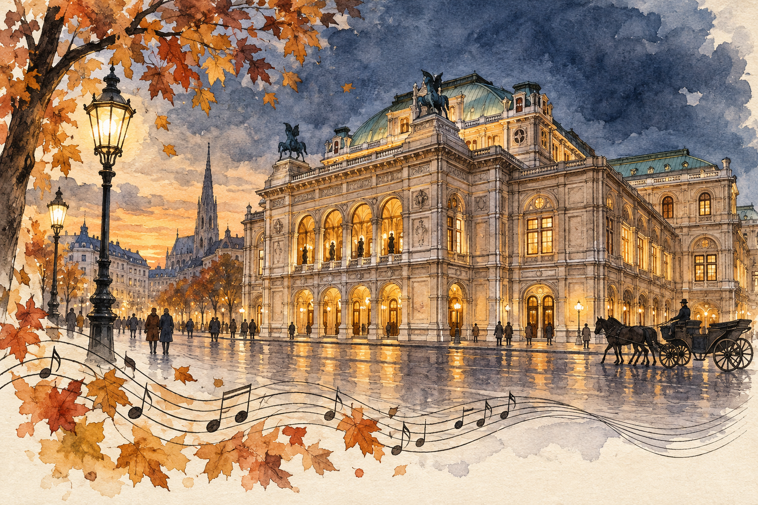 Stilizovana akvarel ilustracija: Muzički Beč u sumrak