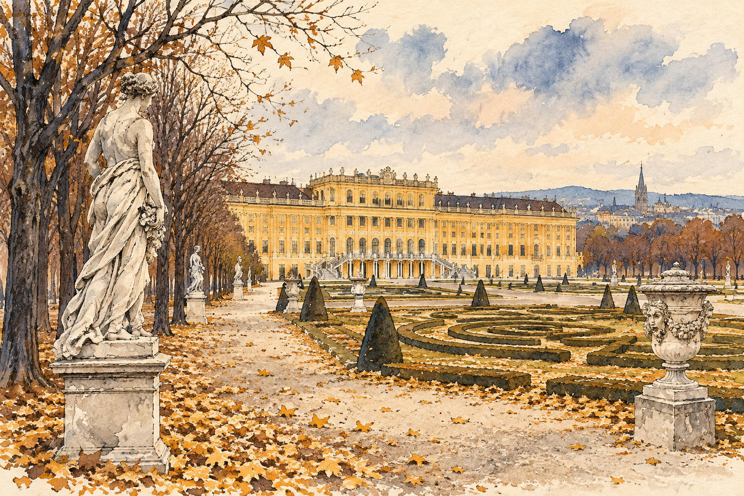 Stilizovana akvarel ilustracija: Šenbrun u jesenjim tonovima